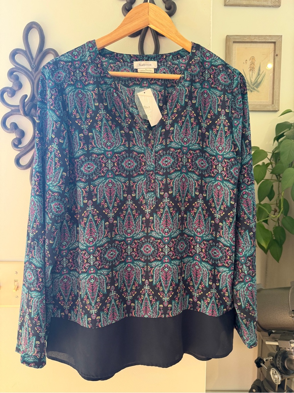 Van Heusen Paisley Print Long-Sleeve Blouse in Teal & Purple